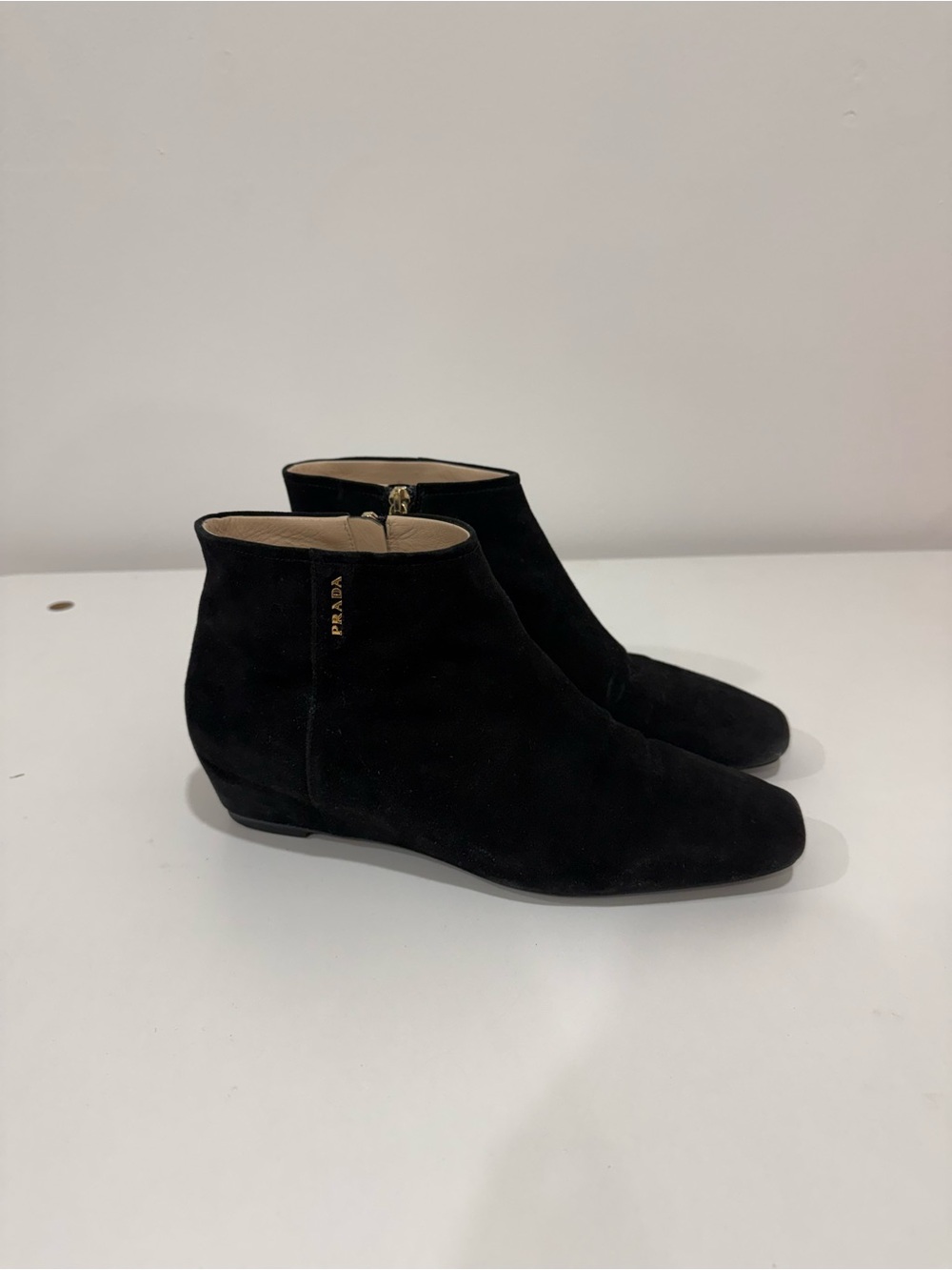 Prada Sport Black Suede Low-Wedge Ankle Booties